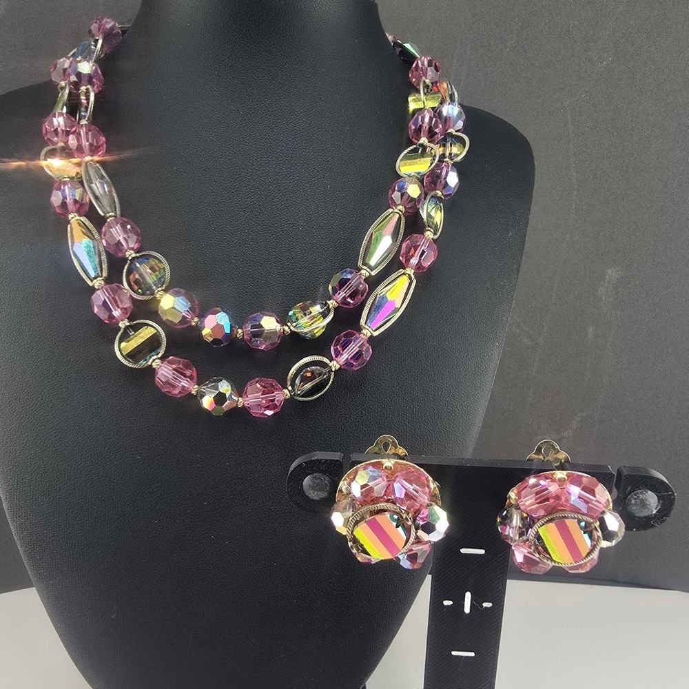 Vintage Estate Necklace Earring Set Pink Aurora Borealis Crystal Bead 16in